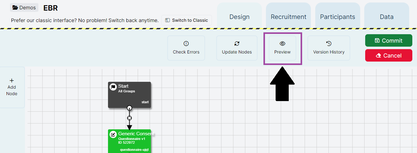 A screenshot of the New Experiment Builder. The preview button has been highlighted with a purple box.